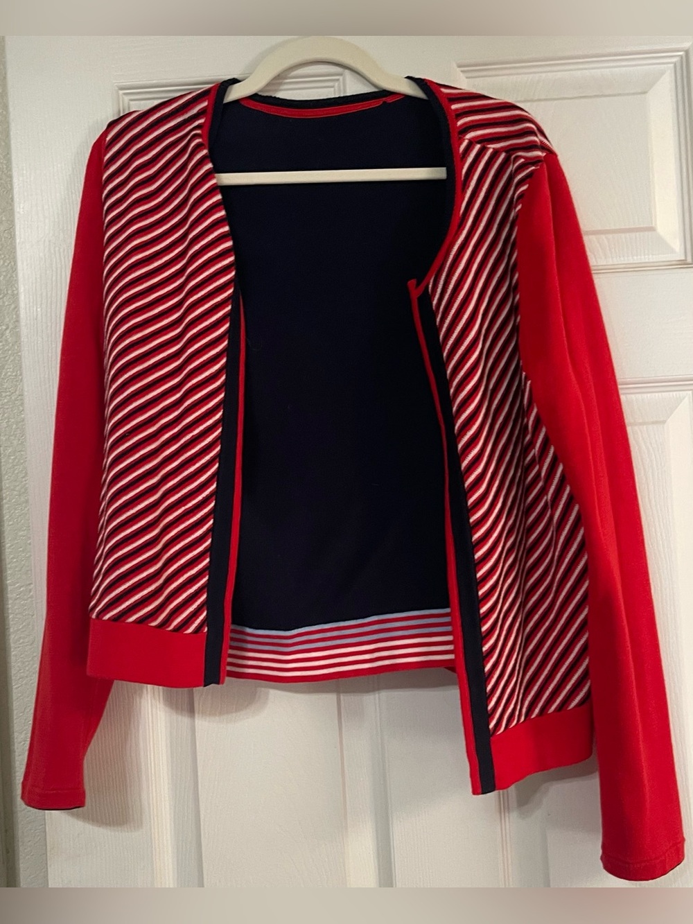CAbi Reversible Red Striped/Navy Open-Front Women’s Sweater Jacket
